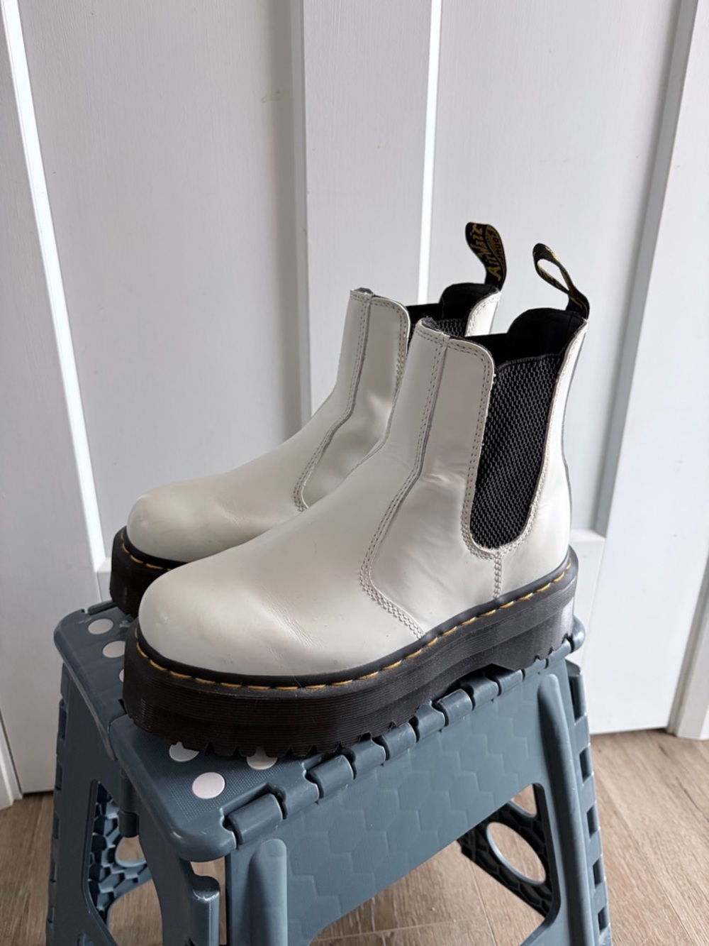 Dr. Martens White Leather Chelsea Boots with Black Elastic